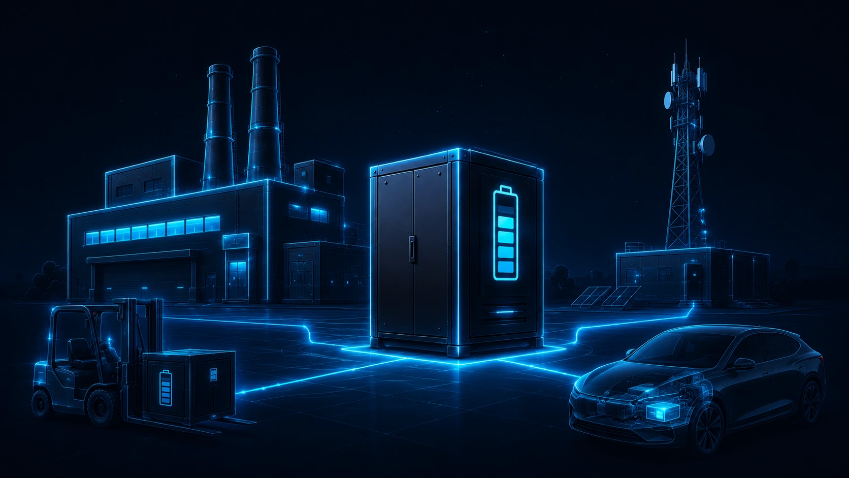 Stylised energy-storage scene connecting industrial backup, telecom infrastructure, materials handling and electric-vehicle auxiliary power.